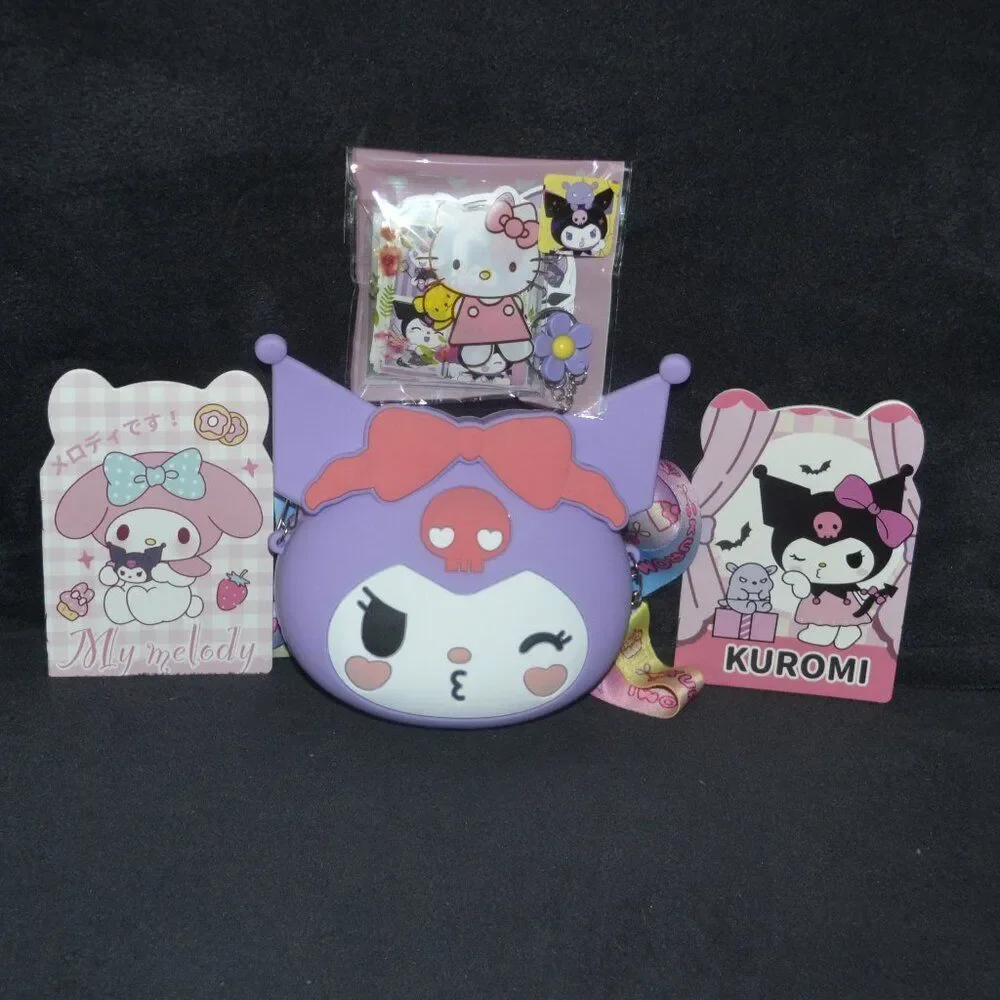 Purple Kuromi Kawaii Kissy Face Mini Crossbody Bag Cute Gift Idea Set Bundle